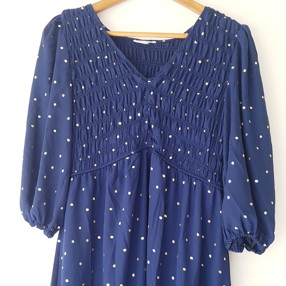 BY THE RIVER Blue & Gold Polkadot V-Neck Tiered Midi Dress - Picture 5 of 13